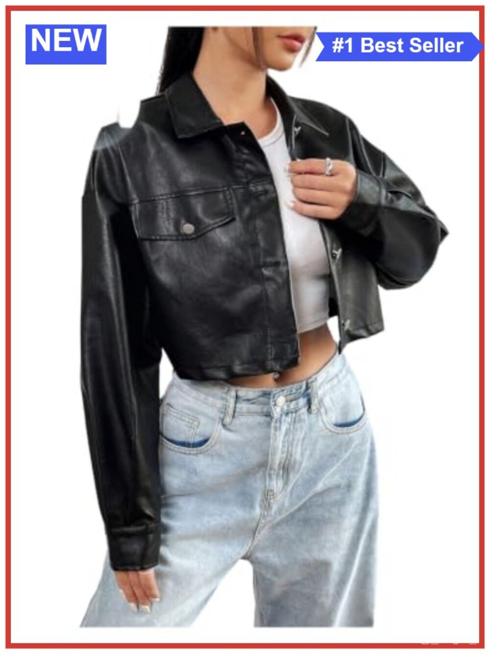 Cropped Faux Leather Jacket Long Sleeve Button Down Motorcycle Coat